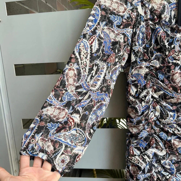 ZARA Paisley Ruched Long Sleeve Mini Dress Size M - Picture 4 of 9